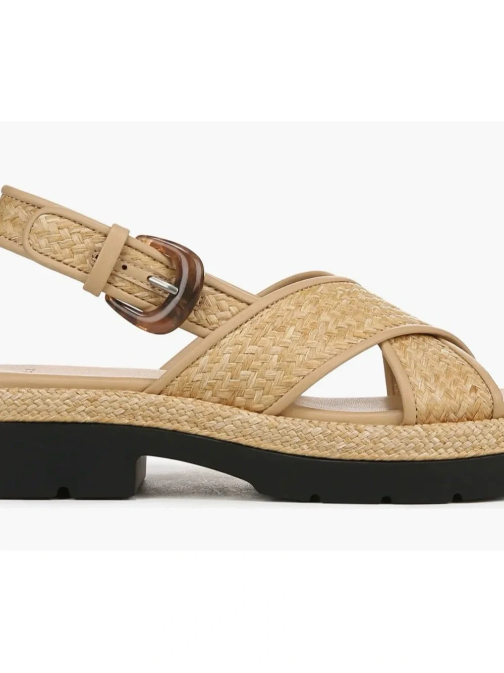 Vince Beige Woven Raffia Slingback Sandals with Black Lug Sole